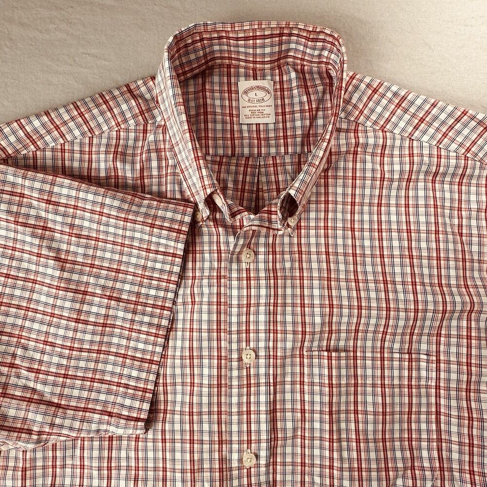 Brooks Brothers Shirt Large Red Blue Plaid Short Sleeve Button Down Pocket
